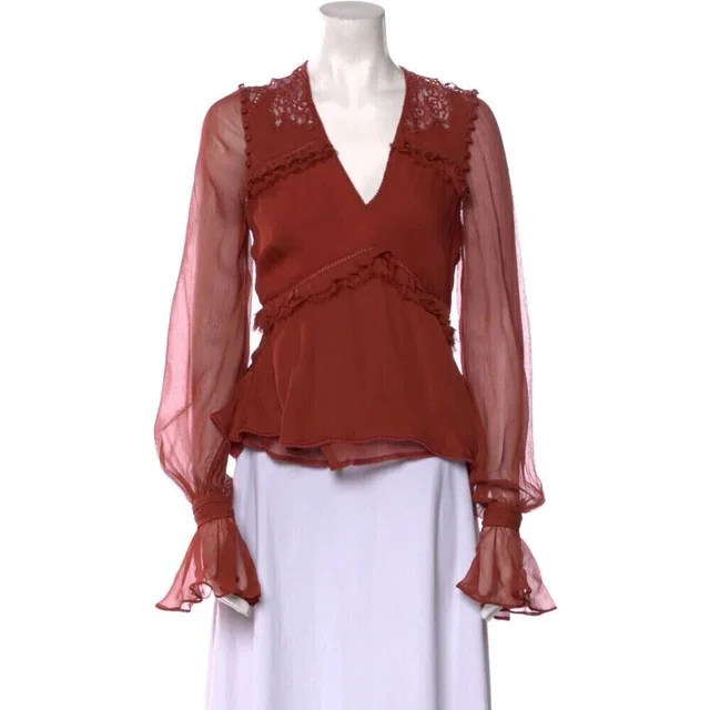 SIMKHAI Silk V-Neck Blouse Xs Brown Long Sleeve Ruffle Lace Detail in red|brown Silk from Poshmark