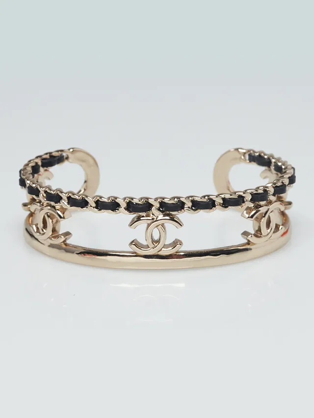 Chanel Gold Metal and Leather Chain Entwined CC Cuff Bracelet in Gold Leather from Yoogis