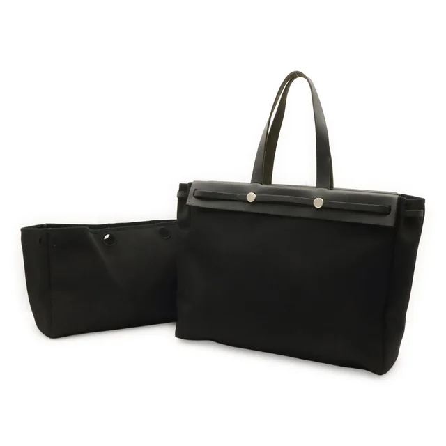 Hermès Herbag Cabas GM Tote Large Shoulder Bag Toile Officier Leather Black in Black Leather from The Reluxe
