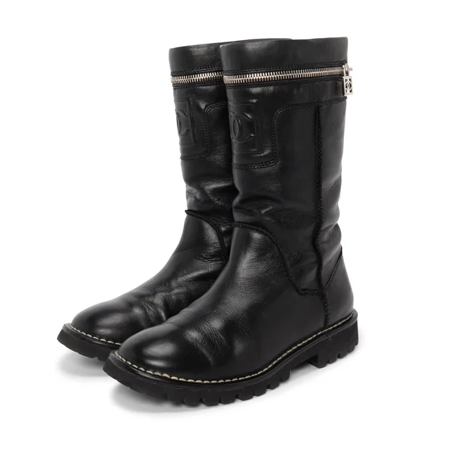Chanel Motorcycle Zipper Boots 36 in Black Calfskin from Blue Spinach