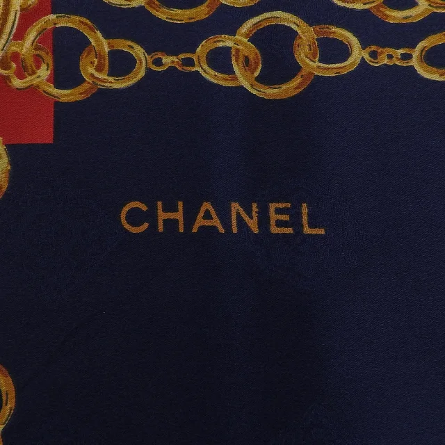 Chanel CC Mark Chain Pattern Scarf Red/Navy/Multi in Red Silk from VINTAGE QOO TOKYO, photo 5 of 10