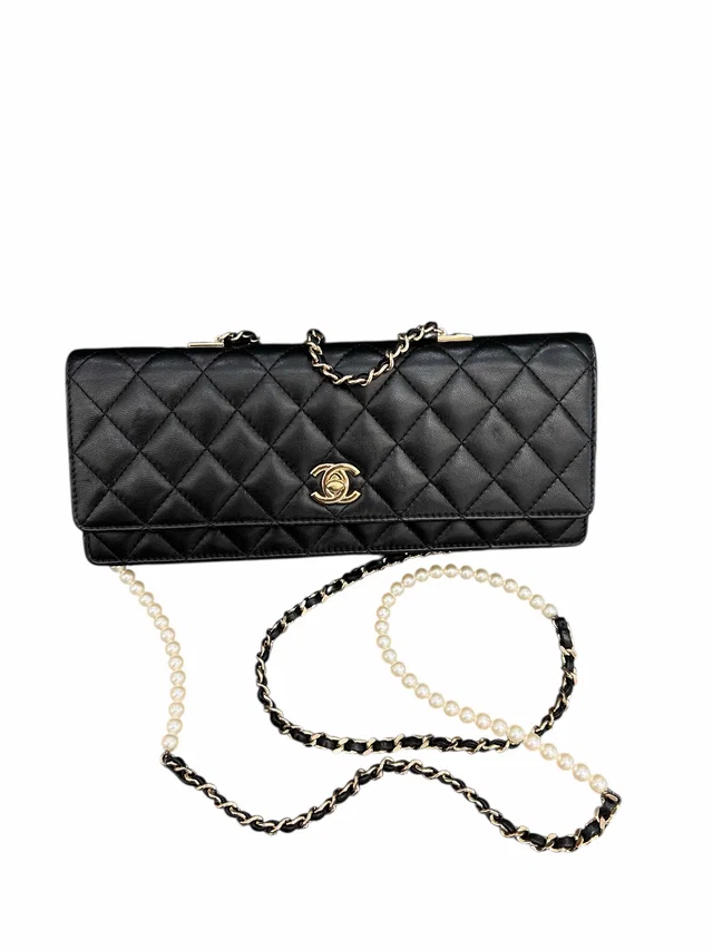 Chanel East West Flap Pearl Strap Black Lambbskin GHW #23340212 (Y2016) in Black from Luxury Promise