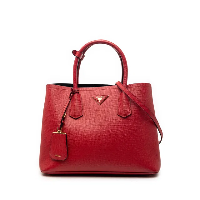 Red Prada Medium Saffiano Cuir Double Satchel in Red Saffiano leather from Designer Revival