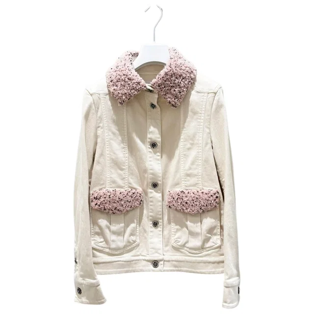 Chanel 16B White Washed Denim Jacket with Pink Boucle Trim - Size 36 in White Denim from Luxury Promise