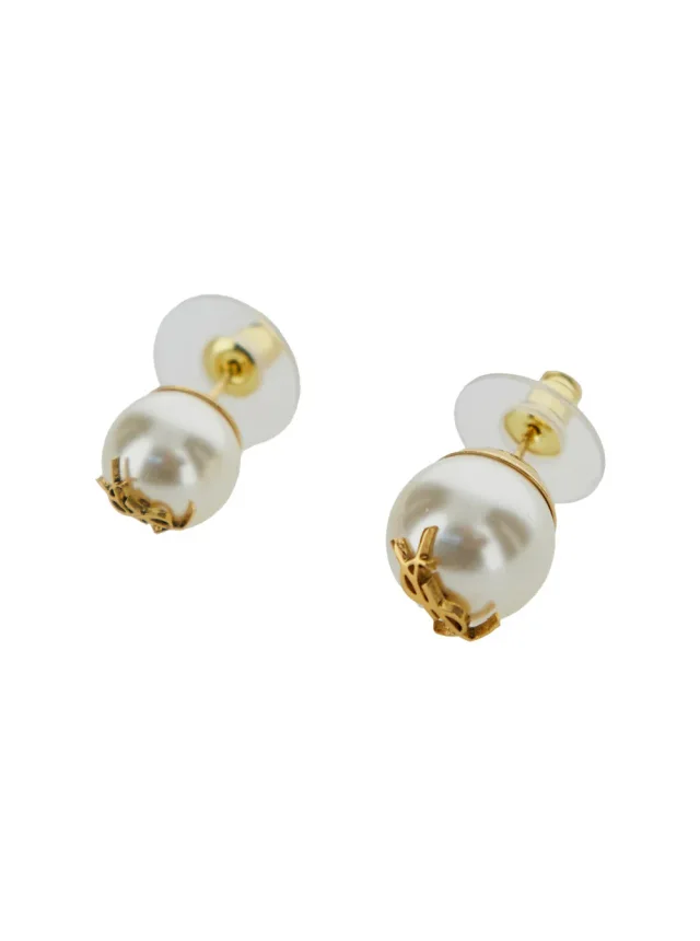 Saint Laurent Asymmetric Pearl Earrings — Gold Brass in Gold from HEWI, photo 2 of 2