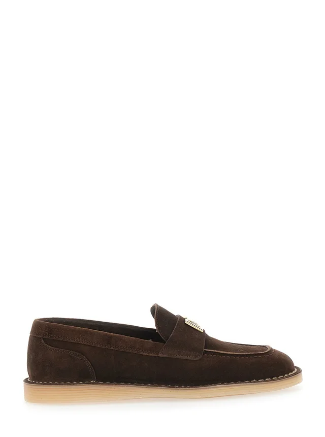 DOLCE E GABBANA Brown Loafers with logo plate on the front and contrasting stitching in suede for women in Brown, photo 2 of 8 from Gaudenzi Boutique