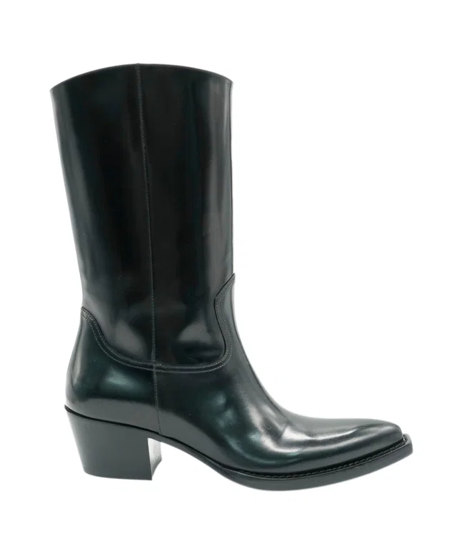 Prada Black Brushed Leather Logo Triangle Cowboy Boots in Black Leather from Luxury Promise