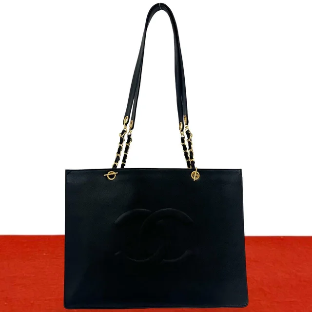 Chanel Vintage CC Logo Caviar Leather Chain Tote Bag Black in Black Caviar leather from The Reluxe