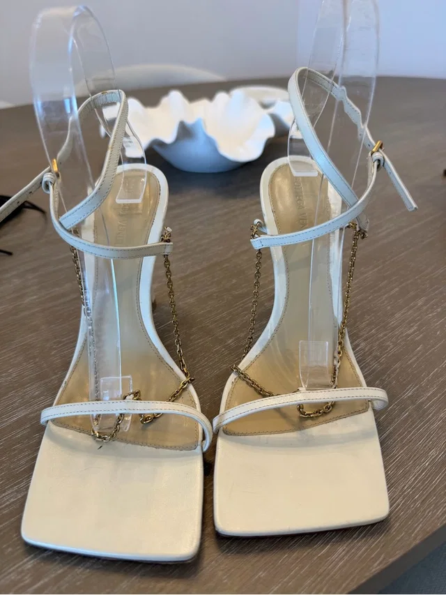 Bottega Veneta Cream Strappy Square Toe Sandals With Gold Chain in gold|white from Poshmark