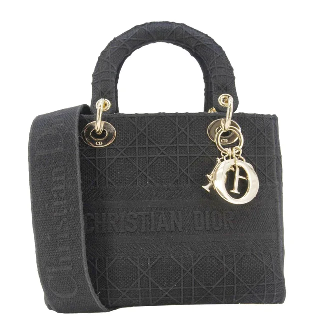 Lady dior D-Lite Embroidered Canvas Shoulder Bag Black in Black Canvas from Dallas Designer Handbags