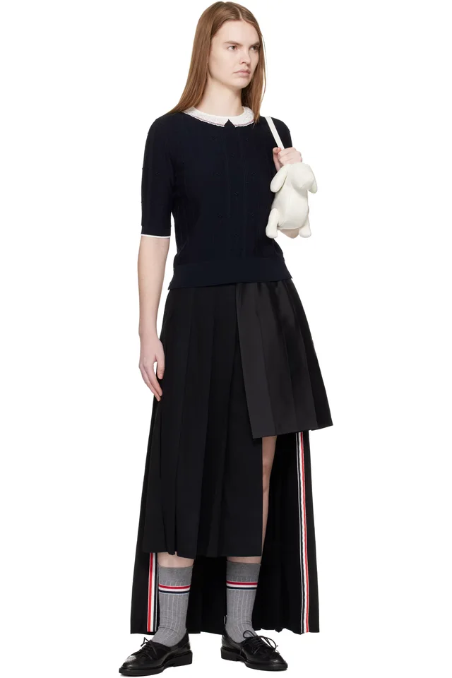 Thom Browne Navy Bobble Stitch Short Sleeve Sweater, photo 4 of 4 from SSENSE