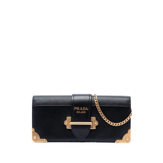 Black Prada City Calf and Saffiano Cahier Chain Clutch Crossbody Bag in Black Saffiano leather from Designer Revival