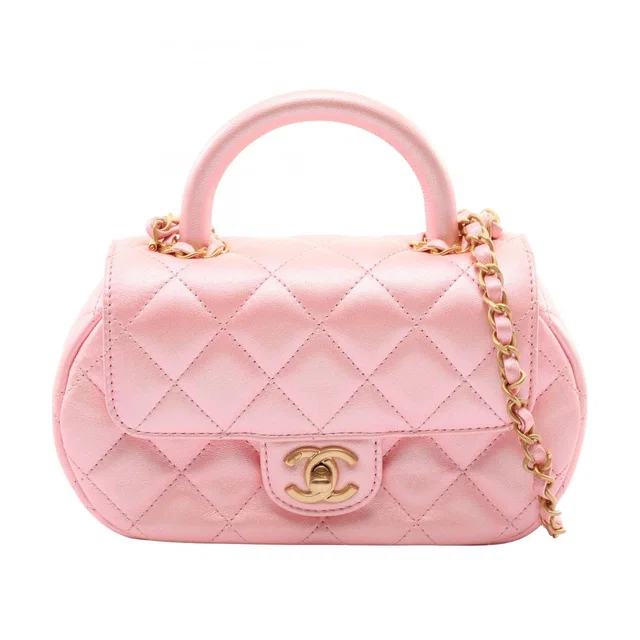 Chanel Shoulder Bag Quilted Top Handle 2-Way Pearl Pink Fabric Chain in Pink from The Reluxe