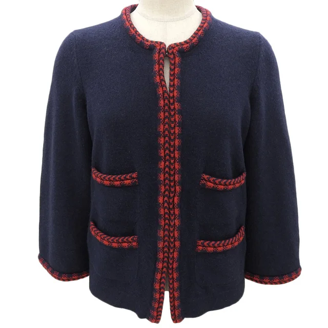 Chanel Cashmere Piping Knit Cardigan #34 Navy/Red in Red Cashmere from VINTAGE QOO TOKYO, photo 2 of 2