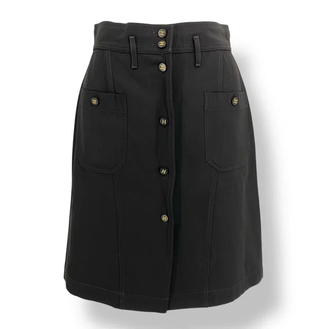 Chanel Coco Button Wool Skirt Black in Black Wool from The Reluxe