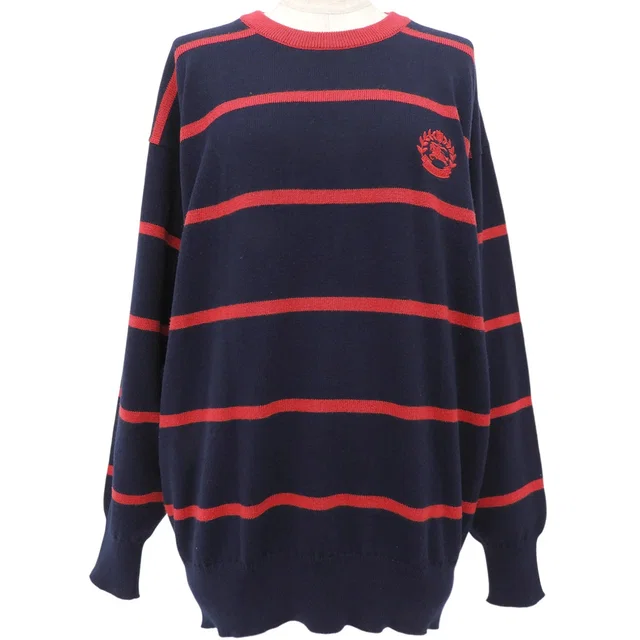 Burberry Logo Embroidered Border Pattern Knit Top #40 Red/Navy in Red Wool from VINTAGE QOO TOKYO