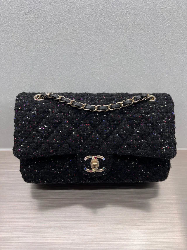 Chanel Classic Double Flap Medium Black Tweed / Sequin Jewelry CC IC in Black Tweed from Luxury Promise