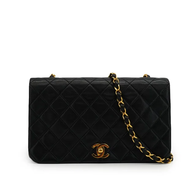 Chanel Vintage Full Flap Chain Shuolder Bag Black Lamb Skin Gold Hardware in Black from Luxury Promise