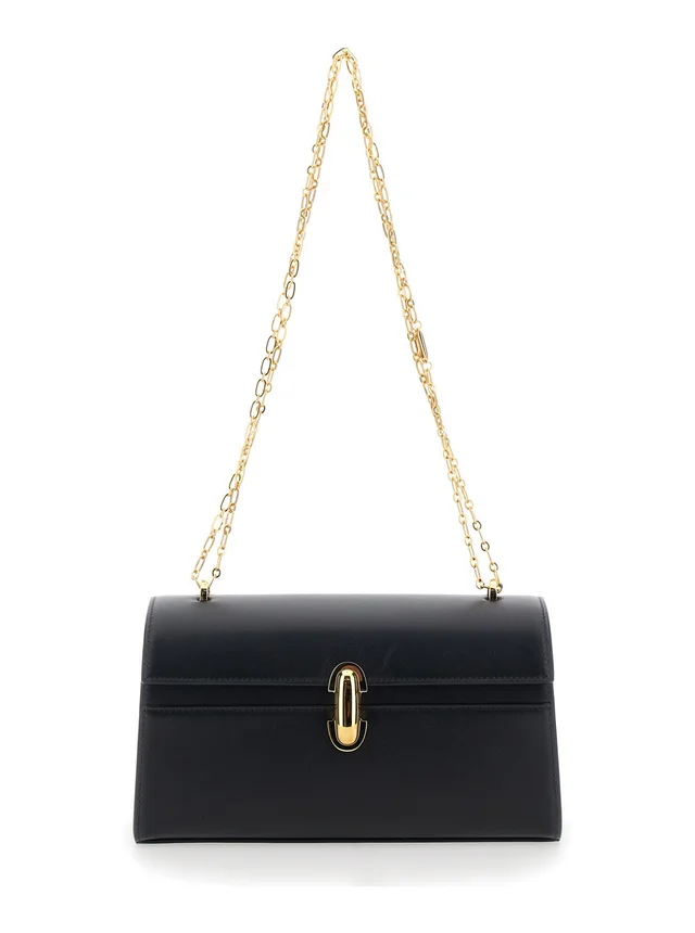 SAVETTE Shoulder Bag 'CHAIN SYMMETRY' with Smooth Black Leather Chain Detail for Women in Black, photo 2 of 10 from Gaudenzi Boutique