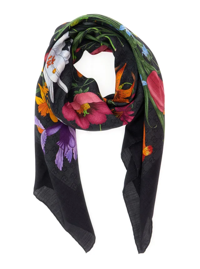 Gucci Floral Wool-Silk Blend Scarf — Black Scarfs in Black Silk from HEWI, photo 2 of 3