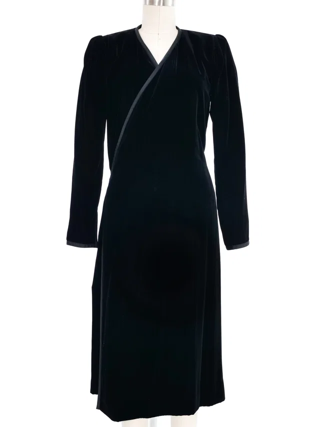 Saint Laurent Rive Gauche Black Velvet Wrap Dress in Black Velvet from Arcade Vintage