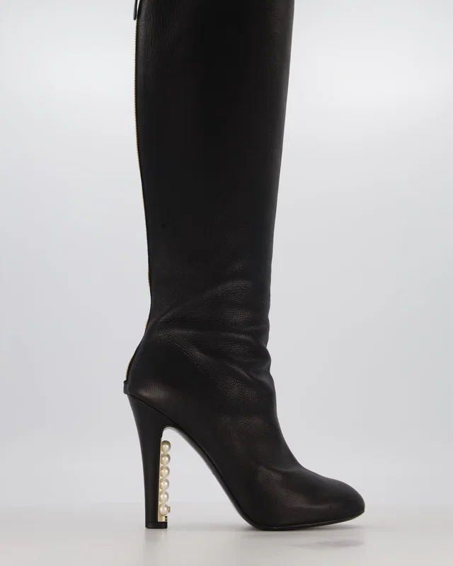 Chanel Black Knee-High Leather Boots with CC Pearl Detail Size EU 37 C in Black Leather from Sellier