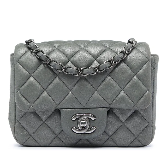Grey Chanel Mini Square Classic Metallic Lambskin Single Flap Crossbody Bag in Grey Lambskin from Designer Revival
