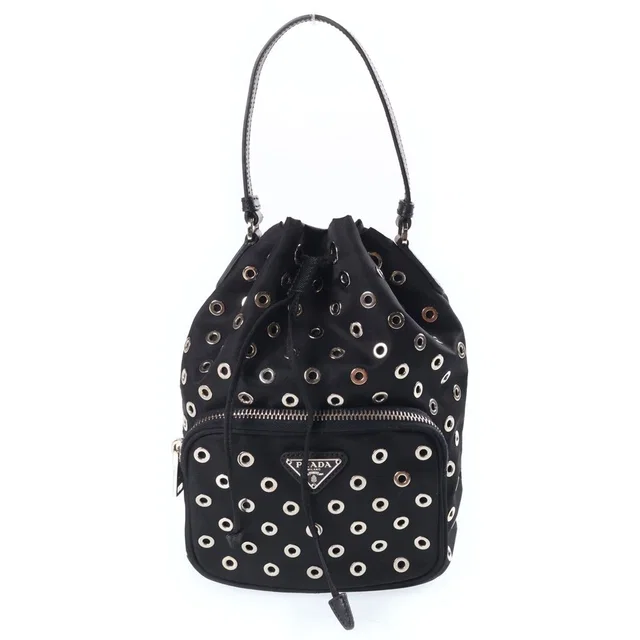 Prada Perforated 2-Way Shoulder Bag Black Leather Nylon Silver in Black Nylon from The Reluxe