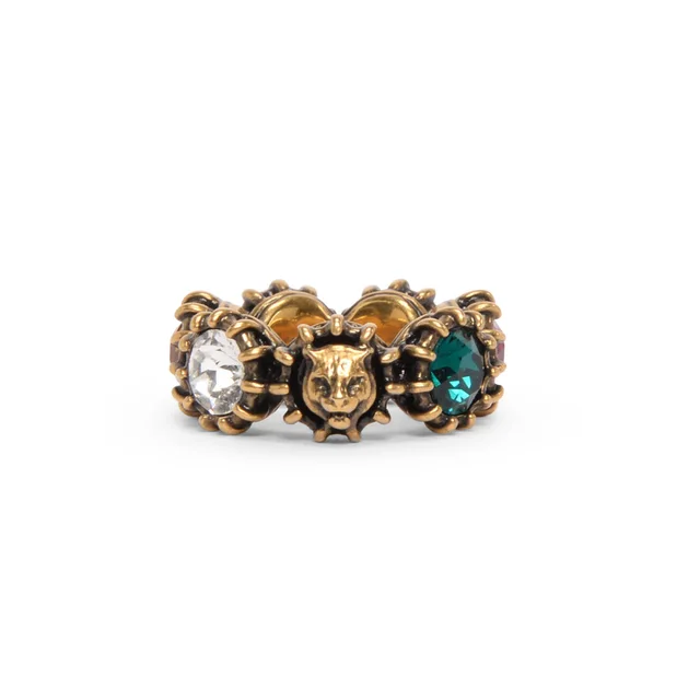 Gucci Crystal Tigerhead Ring in Aged Gold & Multicolour from Blue Spinach