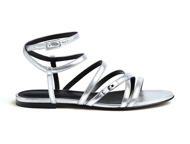 Hermès Lullaby Silver Leather Sandals 37,5 in Silver Leather from HEWI