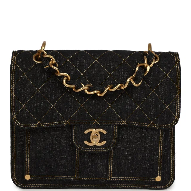 Chanel Double You Flap Backpack Black Denim Antique Gold Hardware in Black Denim from Madison Avenue Couture