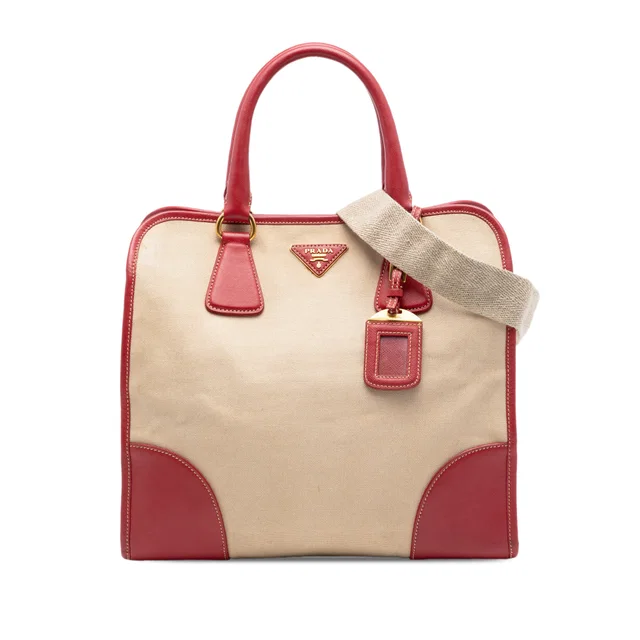 Red Prada Saffiano Trimmed Canvas Canapa Satchel in Red Saffiano leather from Designer Revival