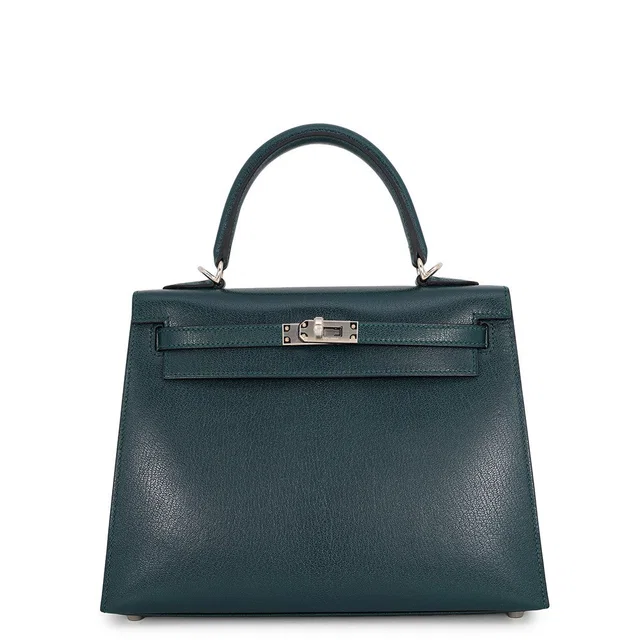 Hermès Kelly Sellier Vert Shipley Chevre Shamqila Size 25 in Green Goatskin from GALLERY RARE