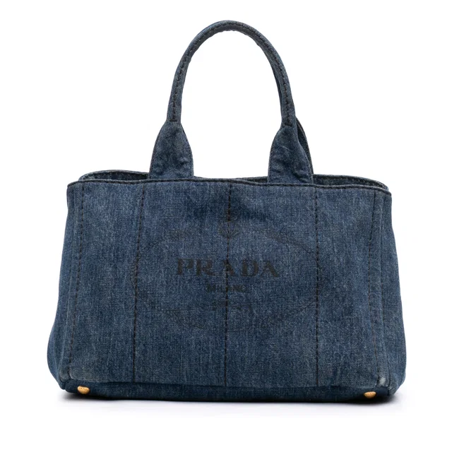 Blue Prada Denim Canapa Logo Tote Satchel in Blue Denim from Designer Revival