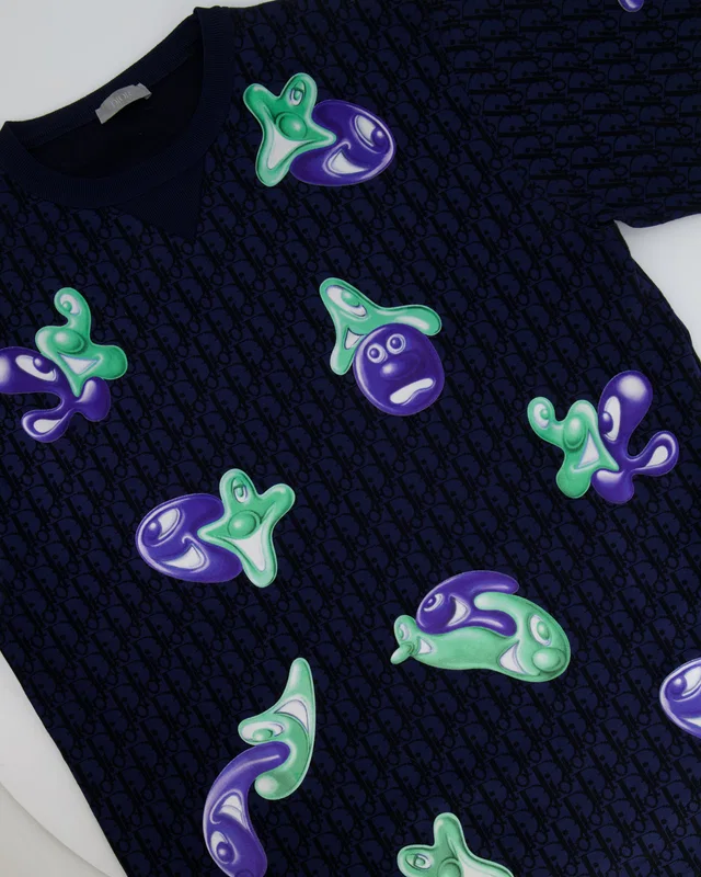x Kenny Scharf Blue Dior Oblique T-Shirt with Purple and Green Appliqués Size XL (UK 42) RRP in Blue from Sellier
