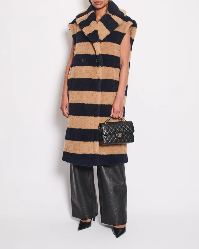 Max Mara Brown & Navy Francis Teddy Wool Gilet Coat Size XS (UK 6) in Brown Wool from Sellier