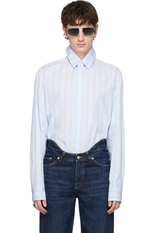 Jean Paul Gaultier Blue Pinstriped Floating Collar Shirt, image 1 of 1 from SSENSE