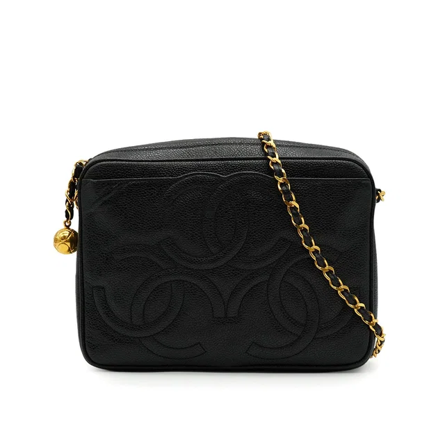 Chanel Vintage Triple Coco Chain Shoulder Bag Fringe Black Cavir Skin Gold Hardware in Black Leather from Luxury Promise
