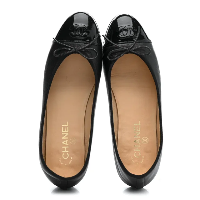 Chanel Patent Cap Toe Ballerina Flats 39.5 Black in Black Lambskin from FASHIONPHILE, photo 2 of 18