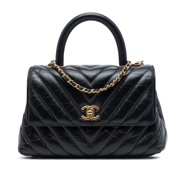 Black Chanel Mini Chevron Aged Calfskin Coco Top Handle Bag Satchel in Black Calfskin from Designer Revival
