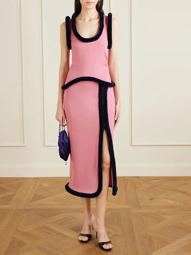 DIOTIMA Castries velvet-trimmed stretch-jersey midi skirt in Pink, photo 2 of 2 from NET-A-PORTER (Canada)