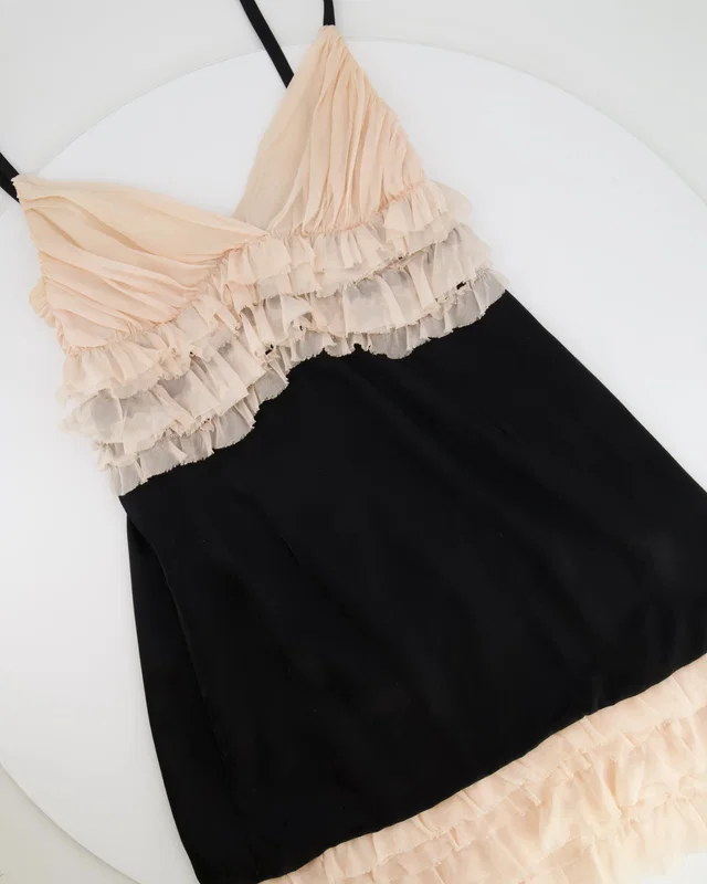 Dolce & Gabbana Black and Blush Pink Ruffle Silk Mini Dress Size IT 40 (UK 8) in Black Silk from Sellier