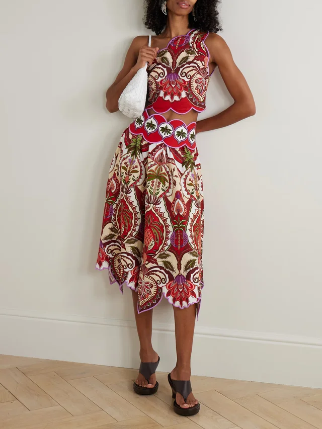 FARM RIO Odara scalloped printed linen-blend midi skirt in Red, photo 2 of 2 from NET-A-PORTER (Canada)