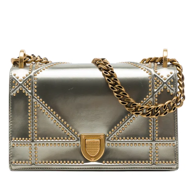 Silver Dior Small Studded Patent Diorama Flap Crossbody Bag in Silver Patent leather from Designer Revival