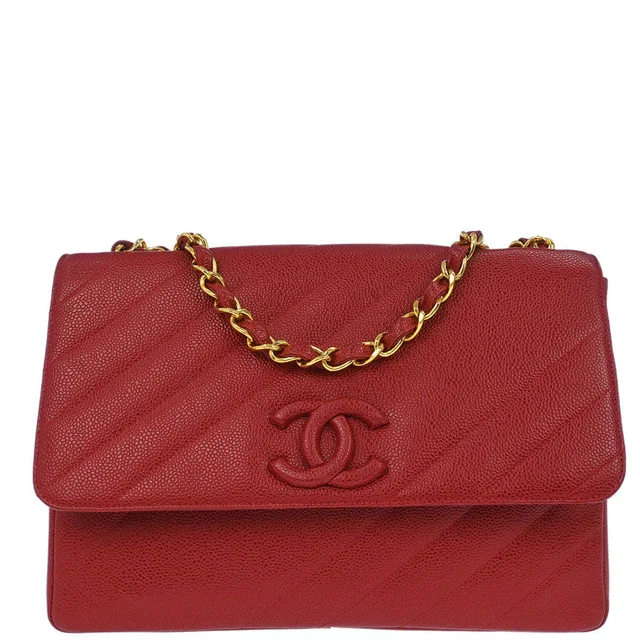 Chanel 1994-1996 Red Caviar Skin Straight Flap Jumbo Shoulder Bag in Red Caviar leather from AMORE Vintage Tokyo
