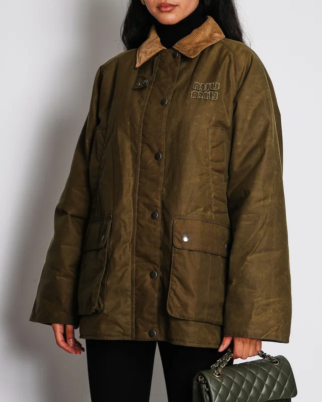 Miu Miu Olive Green Waxed Coated Padded Jacket with Logo and Corduroy Collar Detail Size IT 40 (UK 8) in Green from Sellier