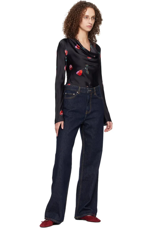 GANNI Black Printed Satin Blouse, photo 5 of 5 from SSENSE