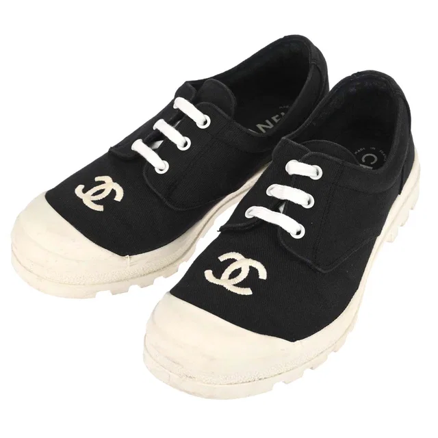 Chanel Sneakers Black White Shoes #36 in Black Canvas from AMORE Vintage Tokyo