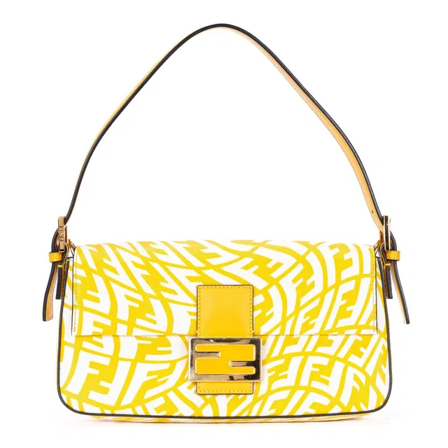 Fendi Baguette White Yellow Embossed FF Fabric Canvas Shoulder Bag in White Canvas from The Reluxe