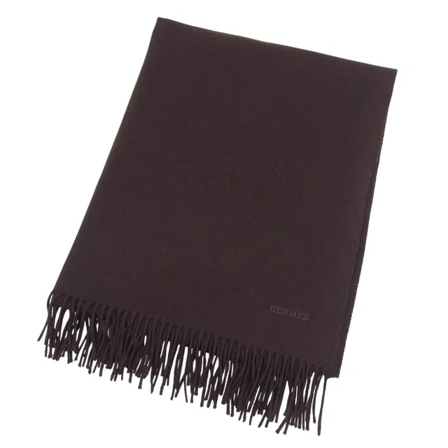 Hermès Cashmere 100% Logo Embroidery Large Shawl Scarf with Fringe Brown in Brown Cashmere from The Reluxe
